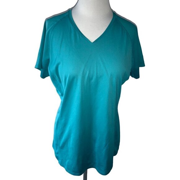 MOUNTAIN HARDWEAR LADIES SS SOLID TURQUOISE VNECK TOP TUNIC TEE TSHIRT EUC L - Picture 1 of 11